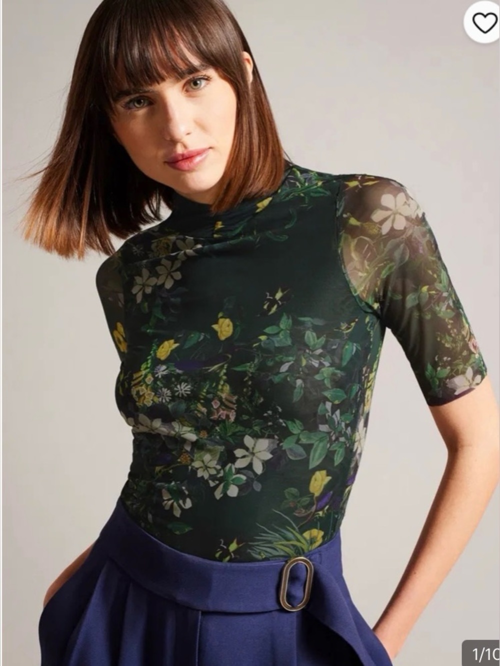 Ted Baker Dark Green Floral Long Sleeve Mesh Top